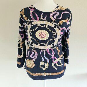 J McLaughlin Shirt Women's Size M Equestrian Chain Bit Prit Navy Top Stretch